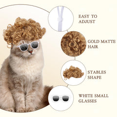 HOWWFALY afro felino dorado con gafas blancas, ideal para fiestas