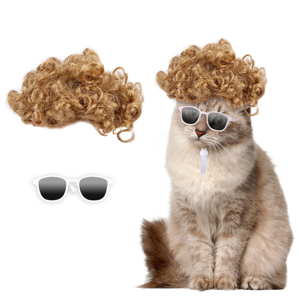 HOWWFALY peluca afro dorada para gato con gafas blancas, perfecto para fotos divertidas