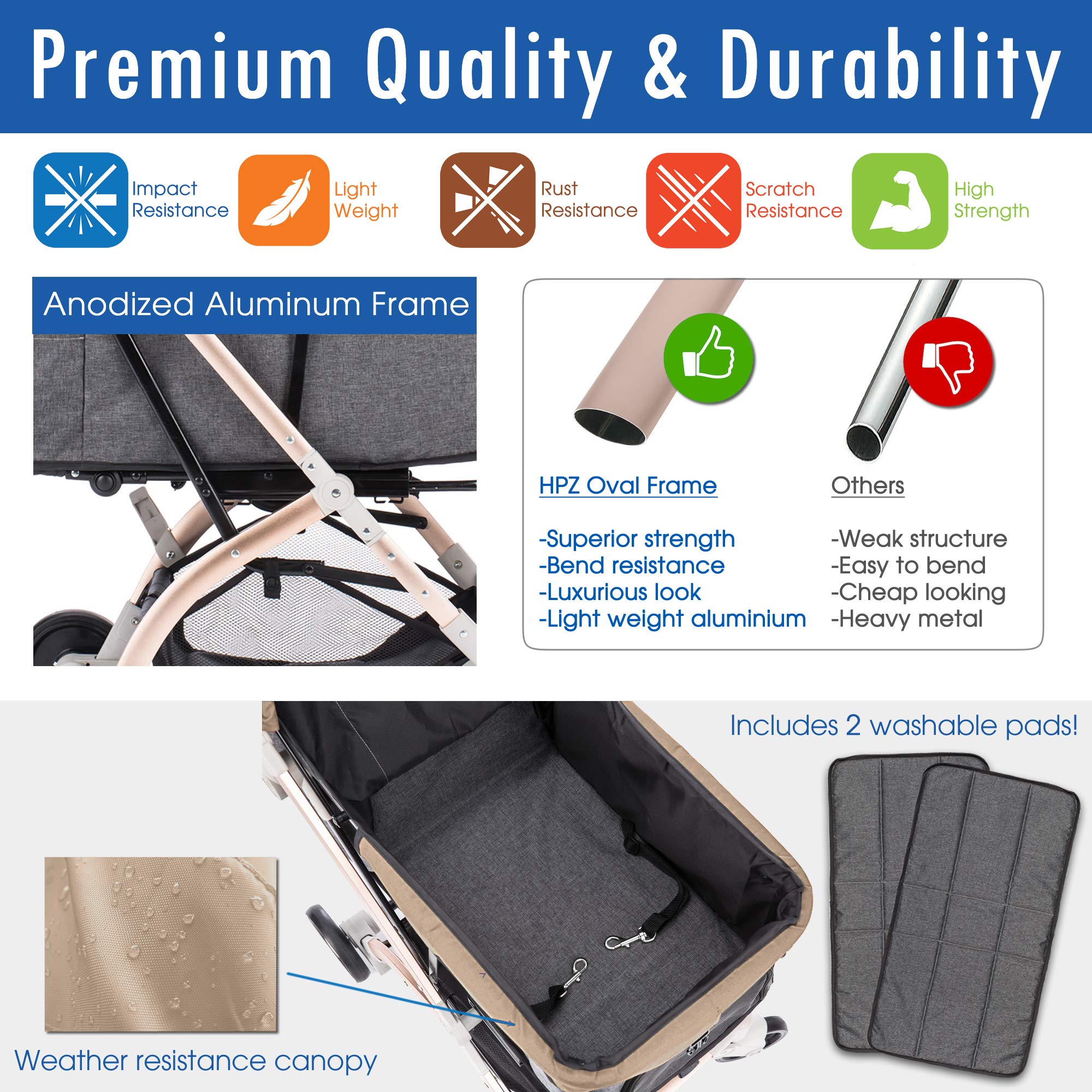 HPZ Pet Rover Lite, armazón de aluminio ligero para durabilidad y manejo.