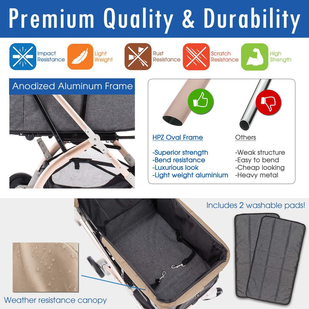 HPZ Pet Rover Lite, armazón de aluminio ligero para durabilidad y manejo.