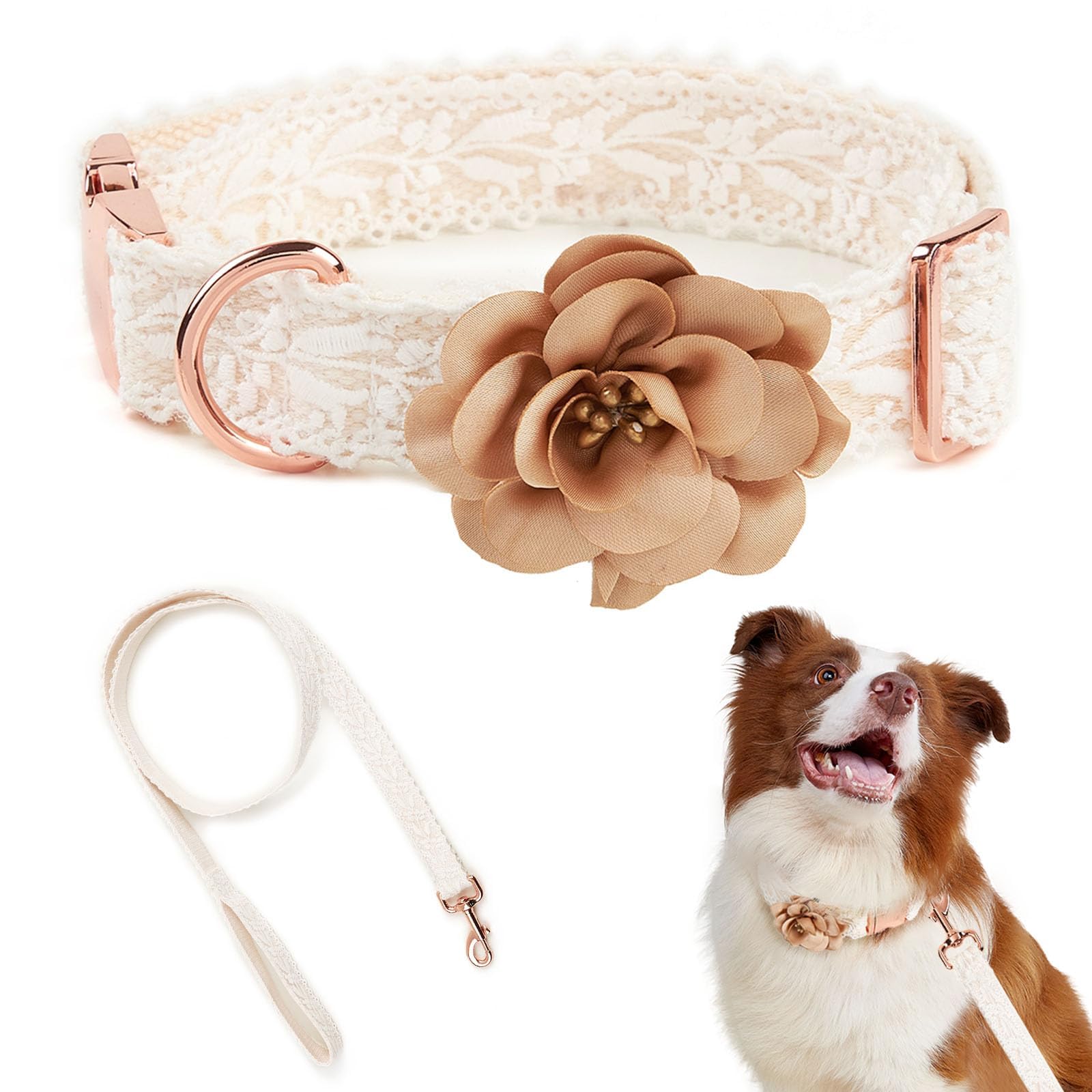 HQREA collar perro lazo encaje beige con flor, ideal para eventos.