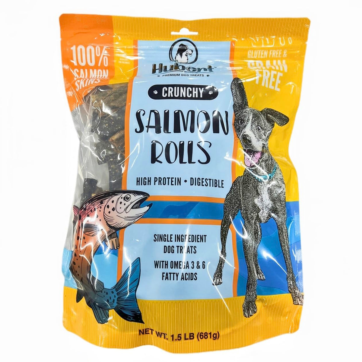 Hubert Premium Rollos de Piel de Salmón con envase de 1,5 lb, recompensa proteica para perros