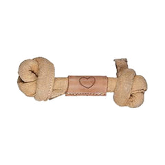 HuggleHounds Huggle-Hide Knotted Bone en cuero, vista frontal para masticadores activos.