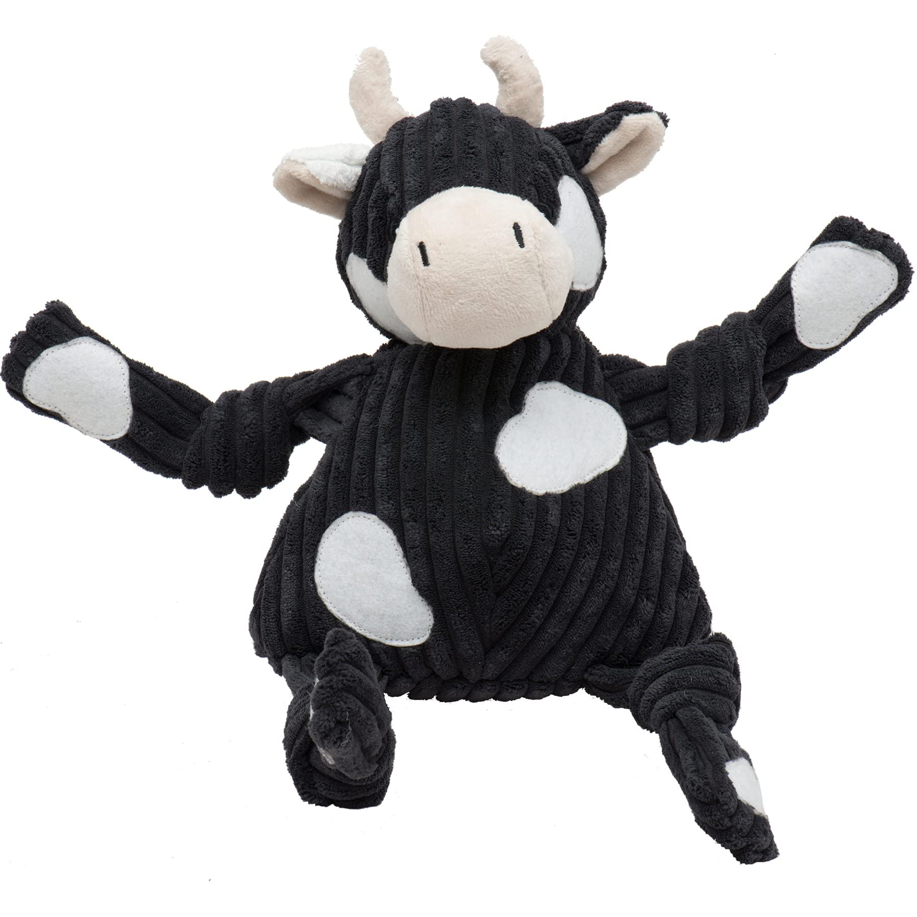 Angus Cow Knottie de HuggleHounds, vista frontal; peluche duradero para perros activos.