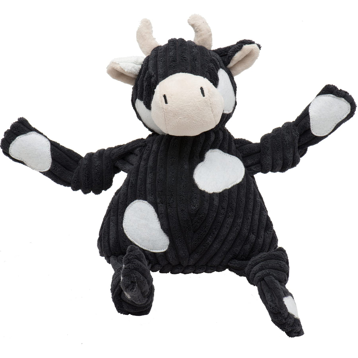 Angus Cow Knottie de HuggleHounds, vista frontal; peluche duradero para perros activos.