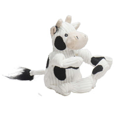 Juguete de peluche HuggleHounds Knottie Dottie Cow, vista frontal suave y atractivo.