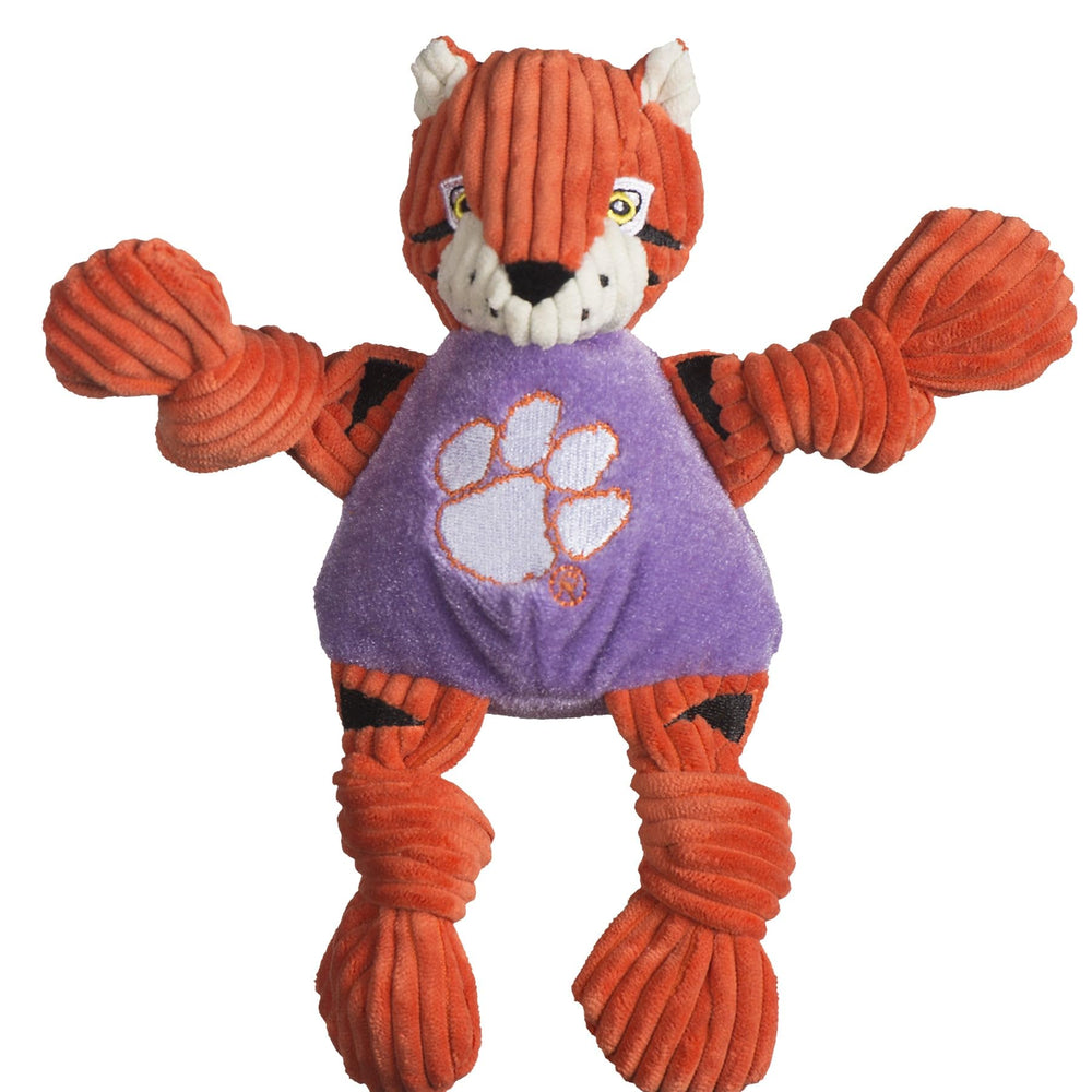 HuggleHounds Knottie Tigre Clemson, juguete de peluche duradero para perros pequeños