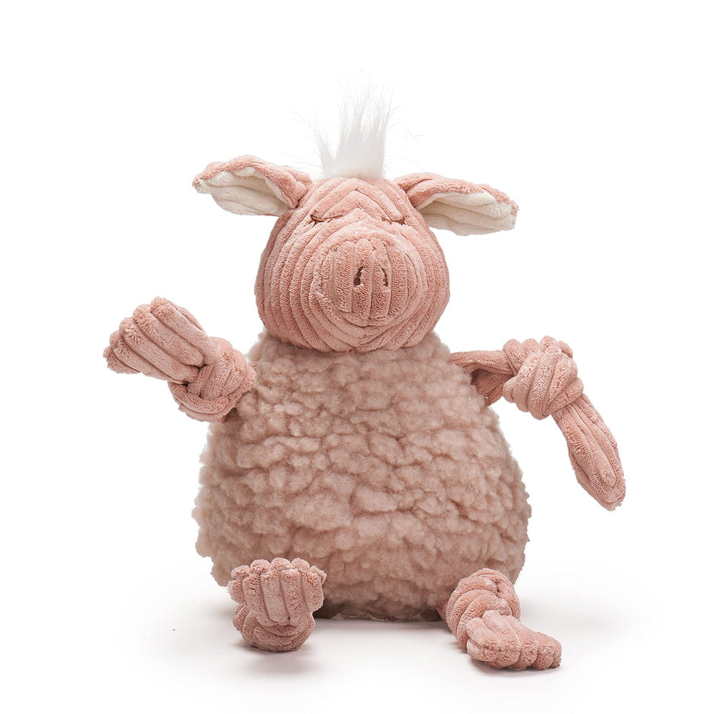 Penelope Pig Knottie de HuggleHounds, vista frontal, diversión duradera para perros activos.
