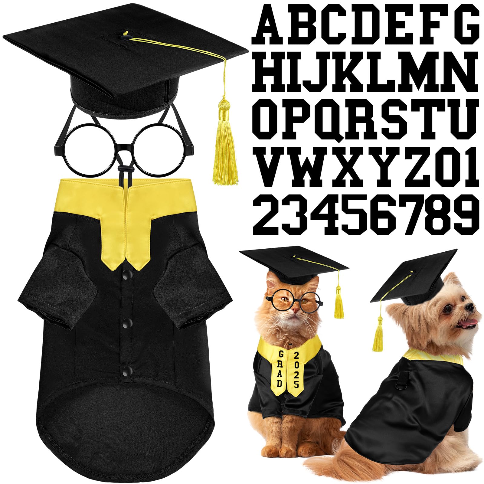 Conjunto Huhumy vestido negro con lazo amarillo, ideal para fotos de graduación de mascotas.