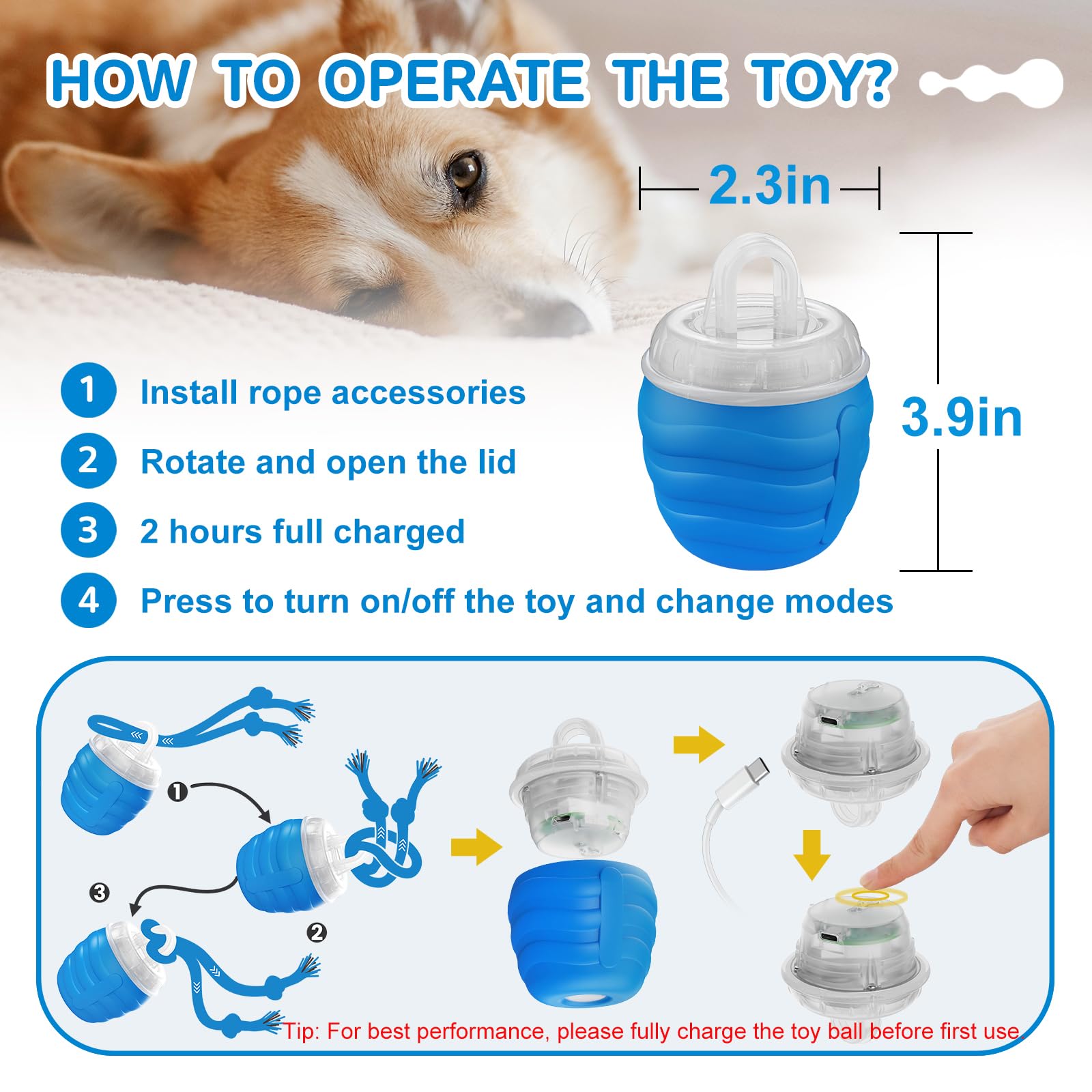 Huimpet bola interactiva con accesorios: cuerdas y cable de carga.