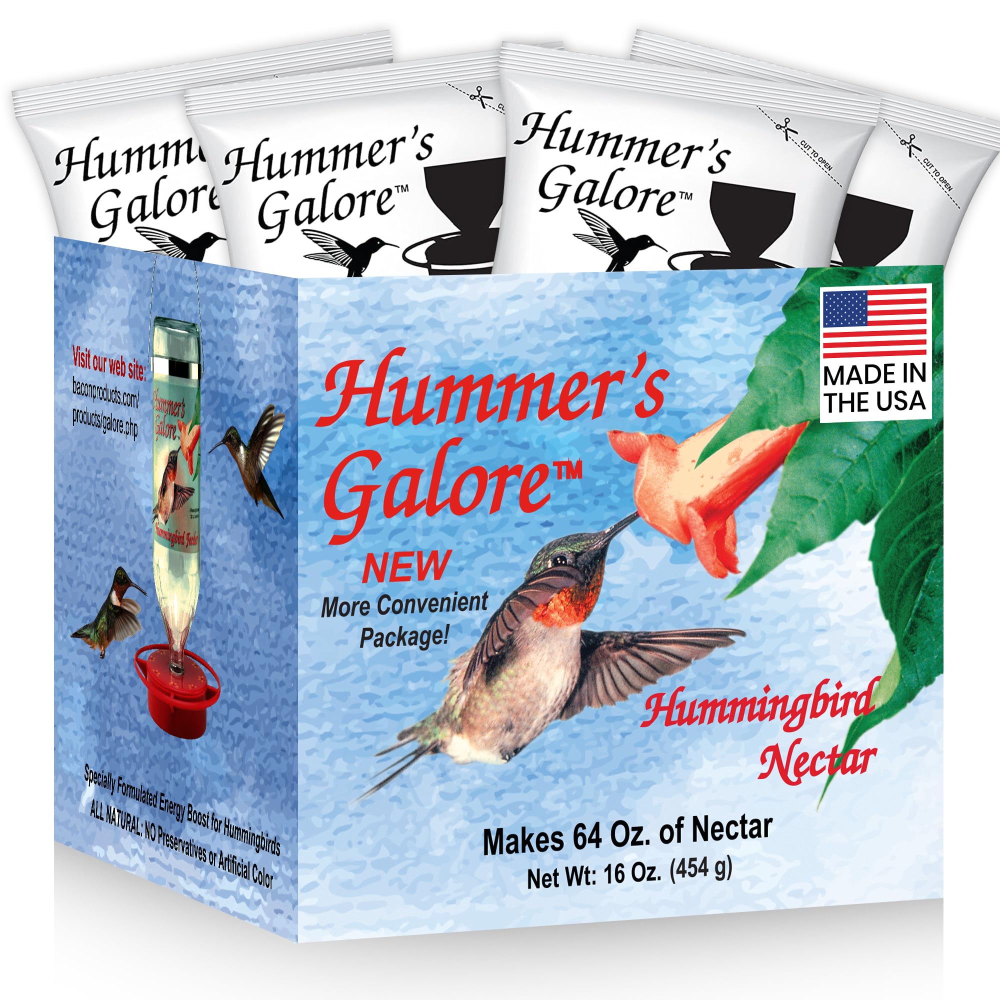 Hummer's Galore – Empaque néctar claro, listo para alimentar colibríes en el jardín.
