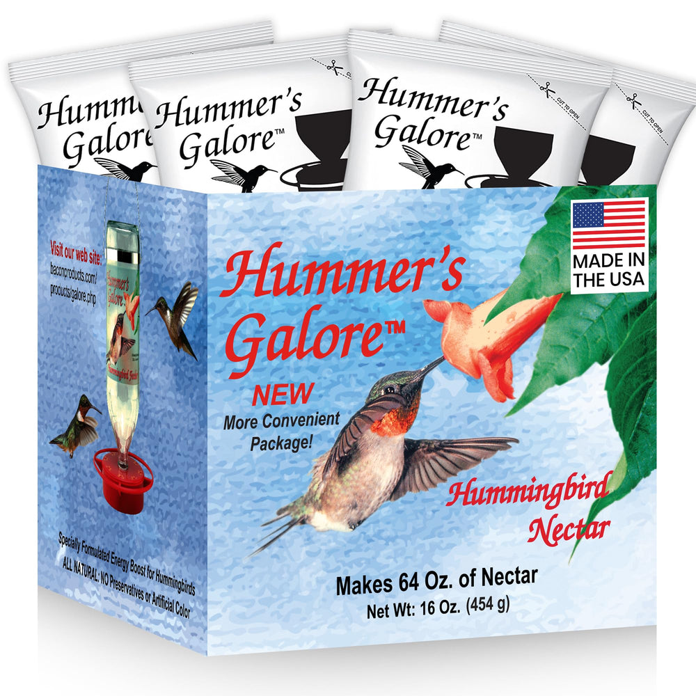 Hummer's Galore – Empaque néctar claro, listo para alimentar colibríes en el jardín.