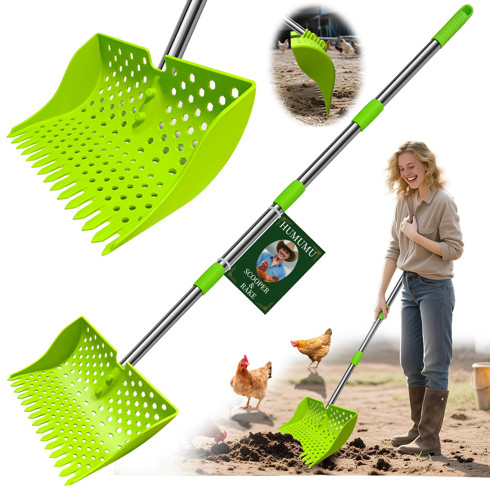 Humumu 2 en 1 frente del producto, facilita limpieza rápida del gallinero.