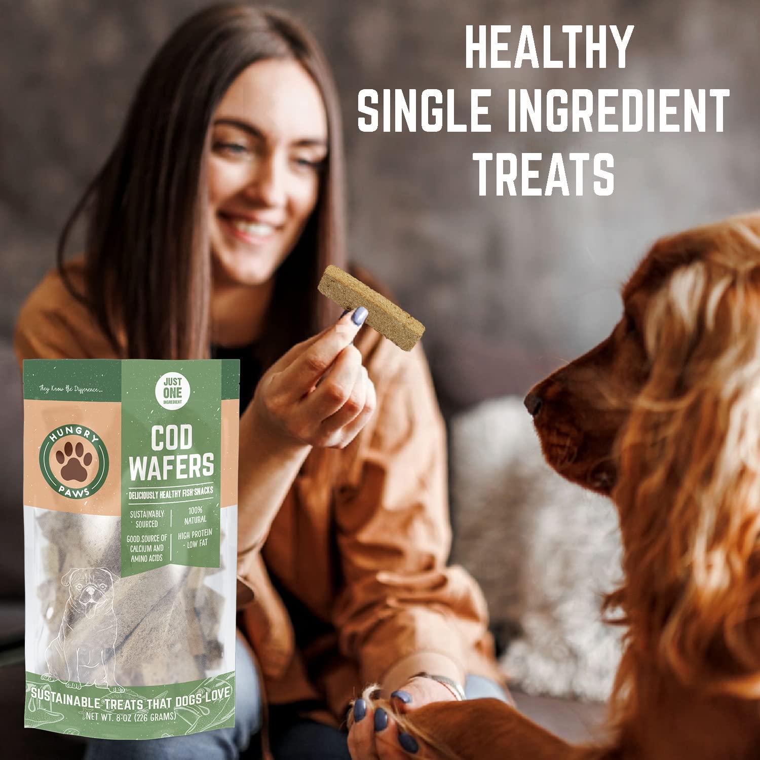 Premia buen comportamiento con Hungry Paws sabor bacalao irresistible.