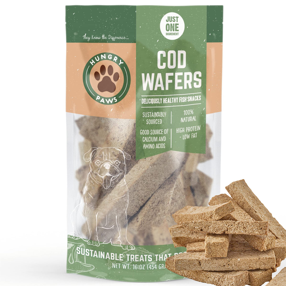 Hungry Paws galleta de bacalao para perro, snack natural rico en omega-3.