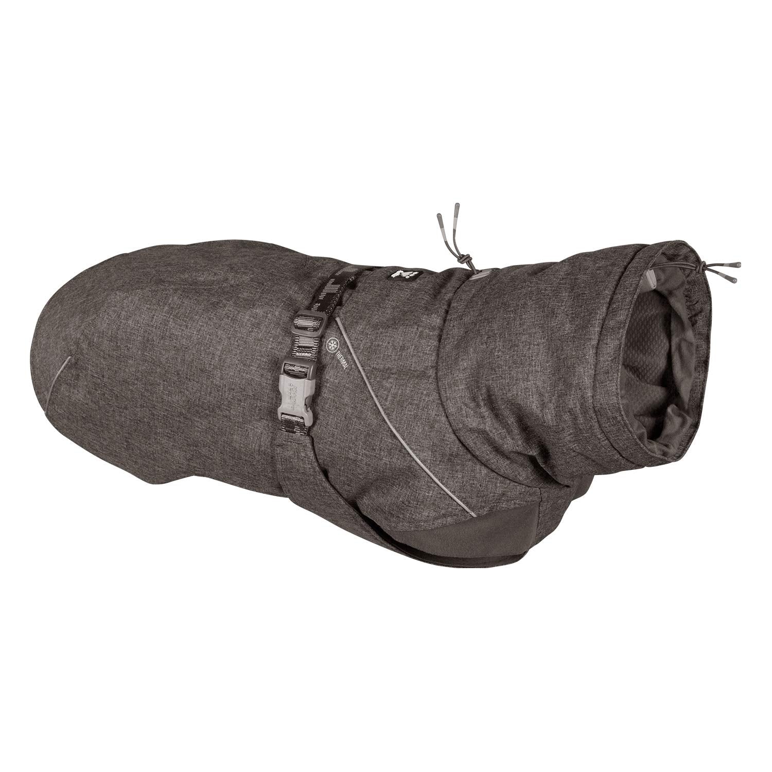 Hurtta Expedition Parka cuello ajustable para mayor confort en paseos fríos.