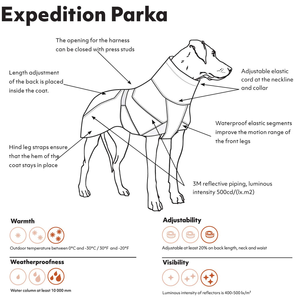 Parka de expedición Hurtta para perro, banda reflectante, mejora la visibilidad durante paseos nocturnos.