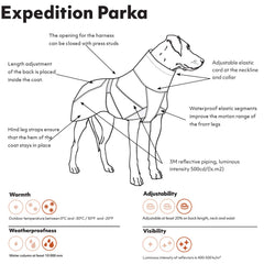 Parka de expedición Hurtta para perro, banda reflectante, mejora la visibilidad durante paseos nocturnos.