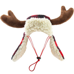 Sombrero para mascotas Huxley & Kent con astas y cuadros búfalo, ideal para fotos navideñas.