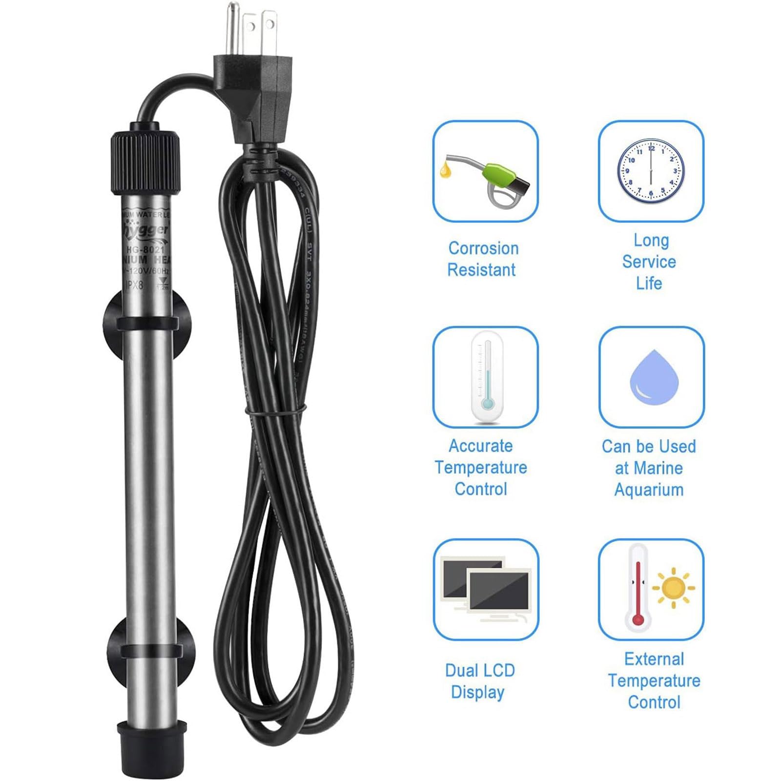 Tubo calentador hygger 802 de titanio, 200W para acuario