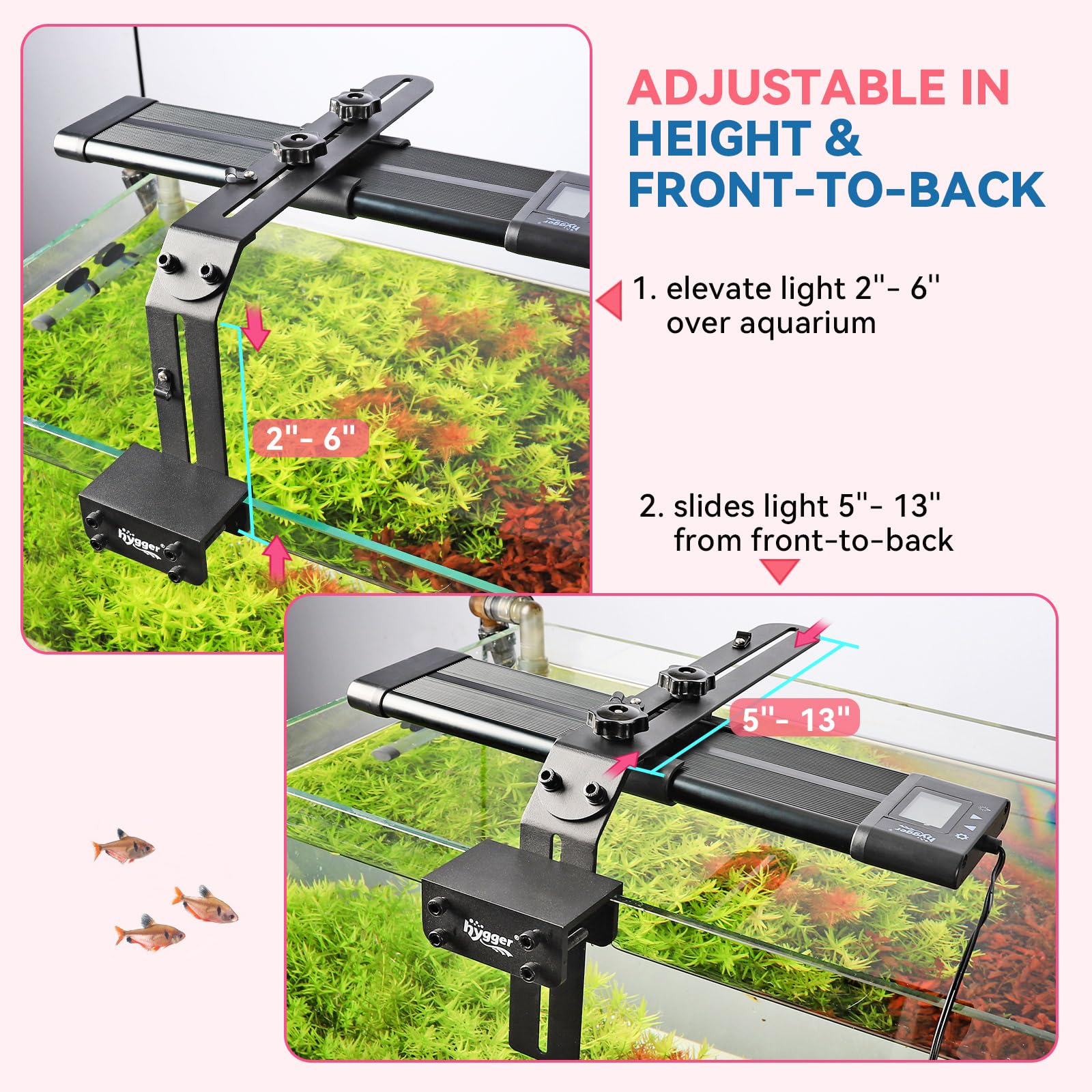 hygger ajuste altura luz 2-6 pulgadas, controla la distancia focal