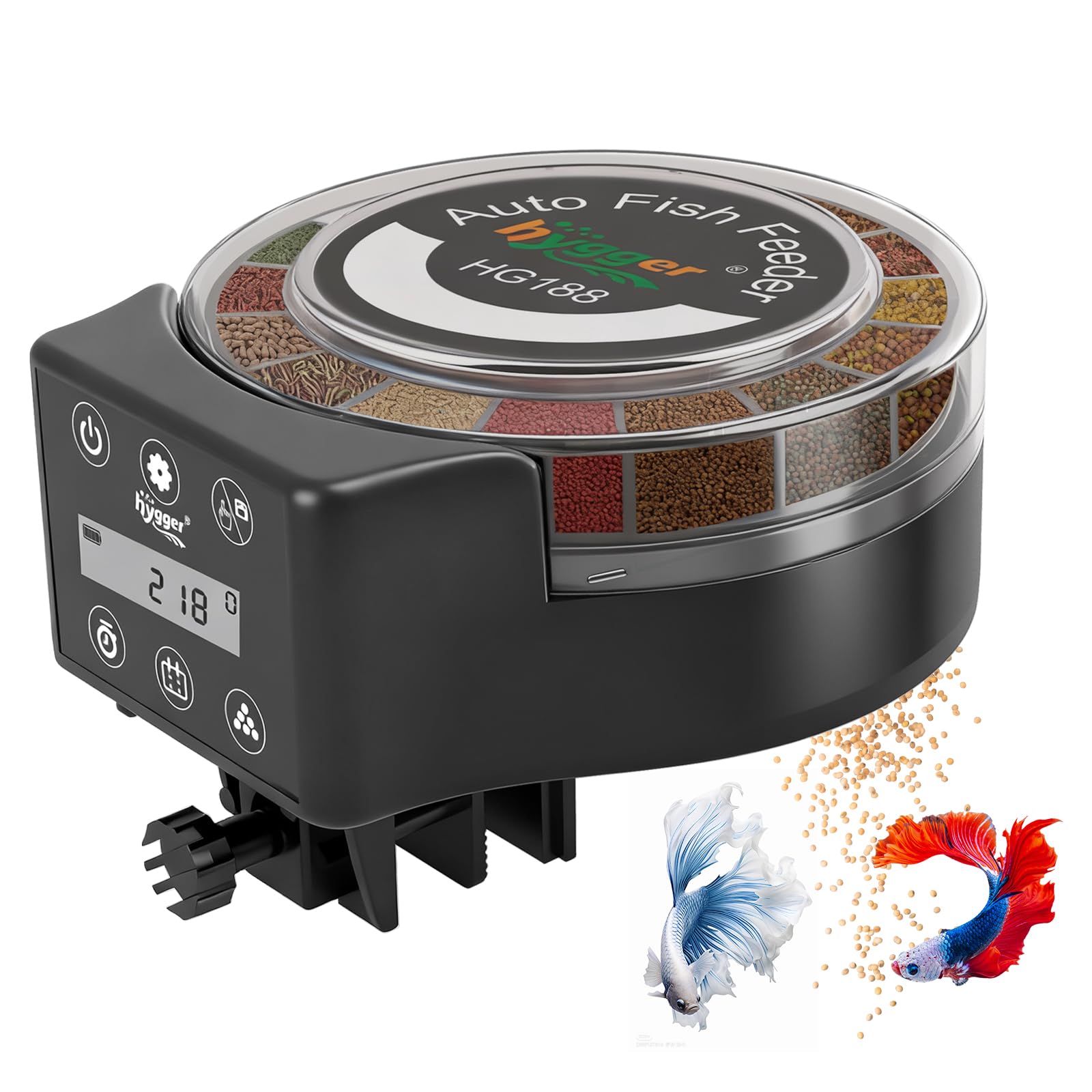 Hygger alimentador automático para acuario con pantalla LED para dosificaciones precisas.