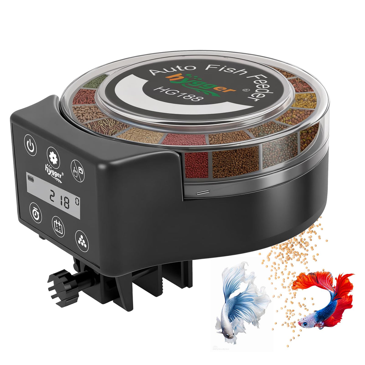 Hygger alimentador automático para acuario con pantalla LED para dosificaciones precisas.