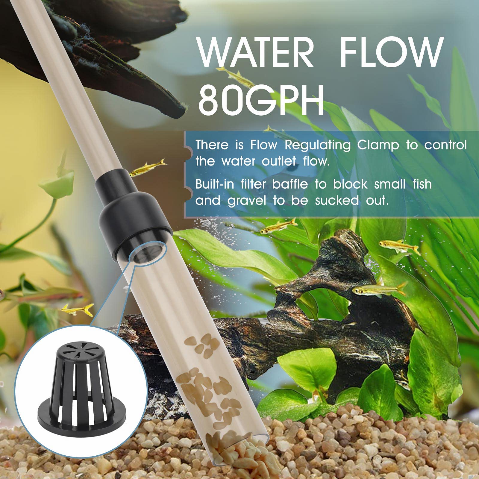 Hygger aspiradora de grava para acuario con boquilla pico-pato para succionar fecas con facilidad.