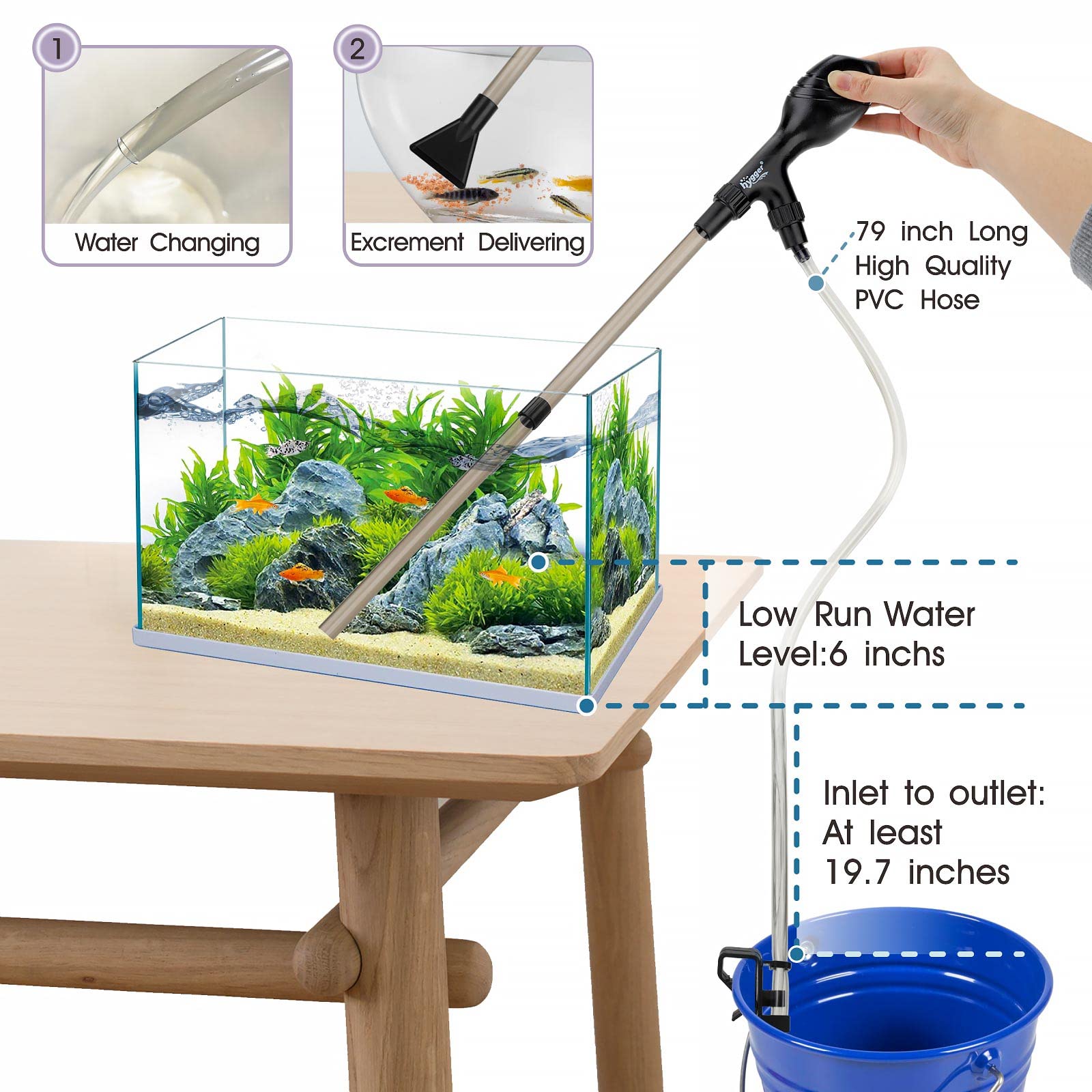 Hygger aspiradora de grava para acuario con mango ergonómico para operación más cómoda.