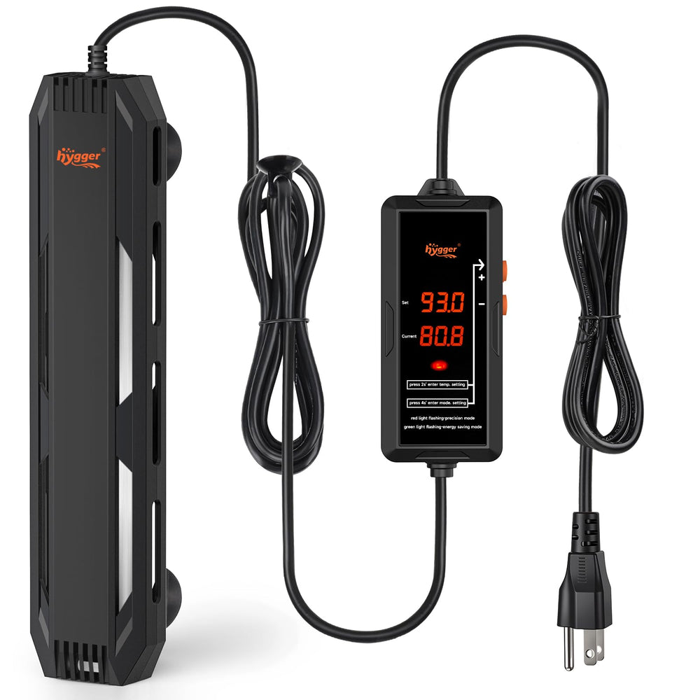 Calentador Hygger 1000W con control digital para acuario, temperatura estable.