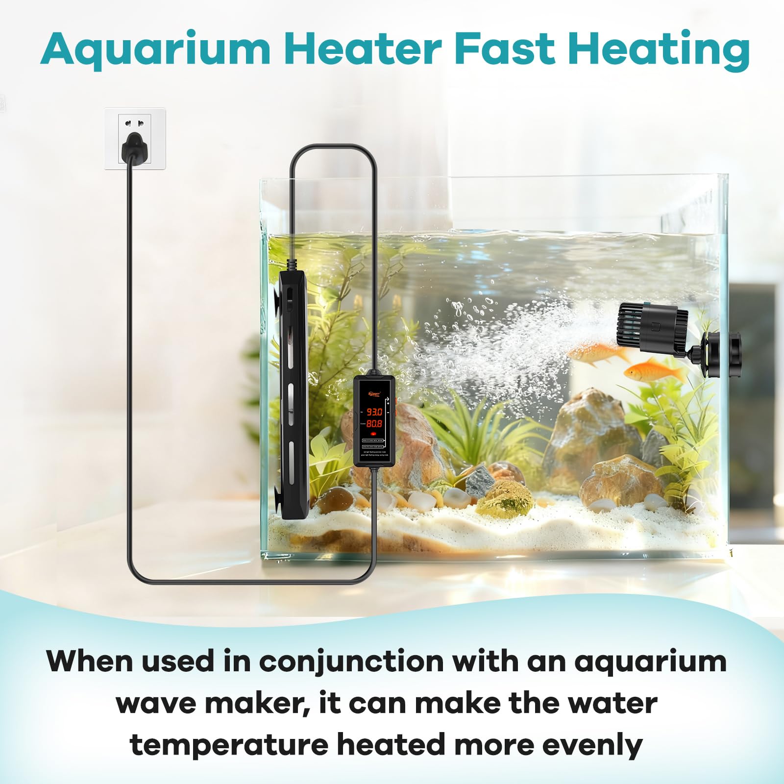 Calentador Hygger 1000W para acuario, instalación fácil con ventosas seguras.