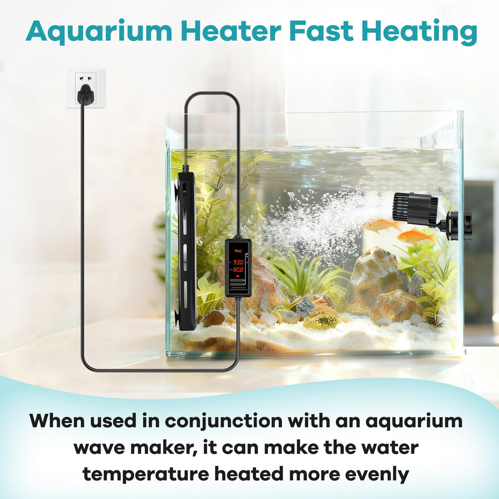 Calentador Hygger 1000W para acuario, instalación fácil con ventosas seguras.