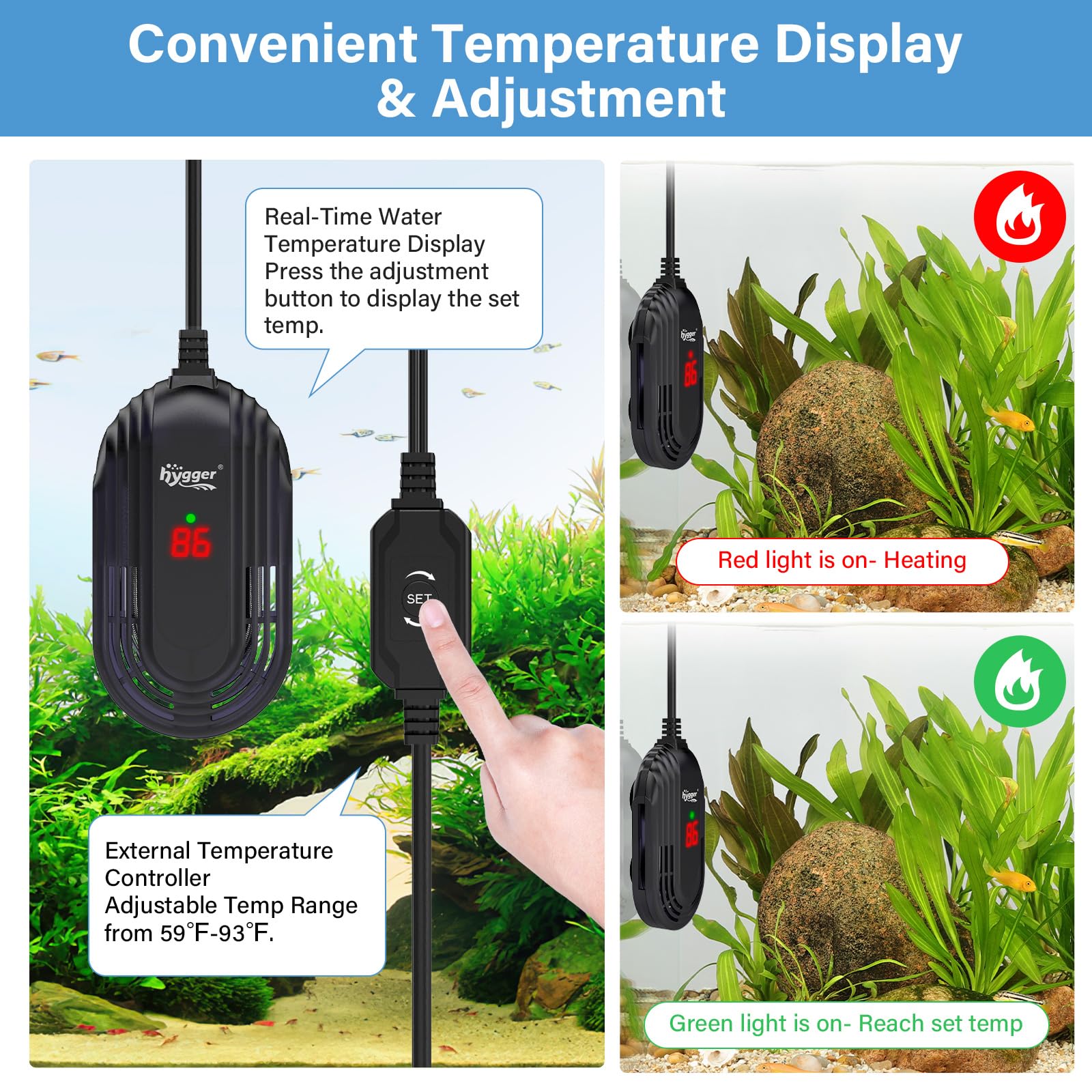 Pantalla LED Hygger muestra temperatura real para ajustes precisos.