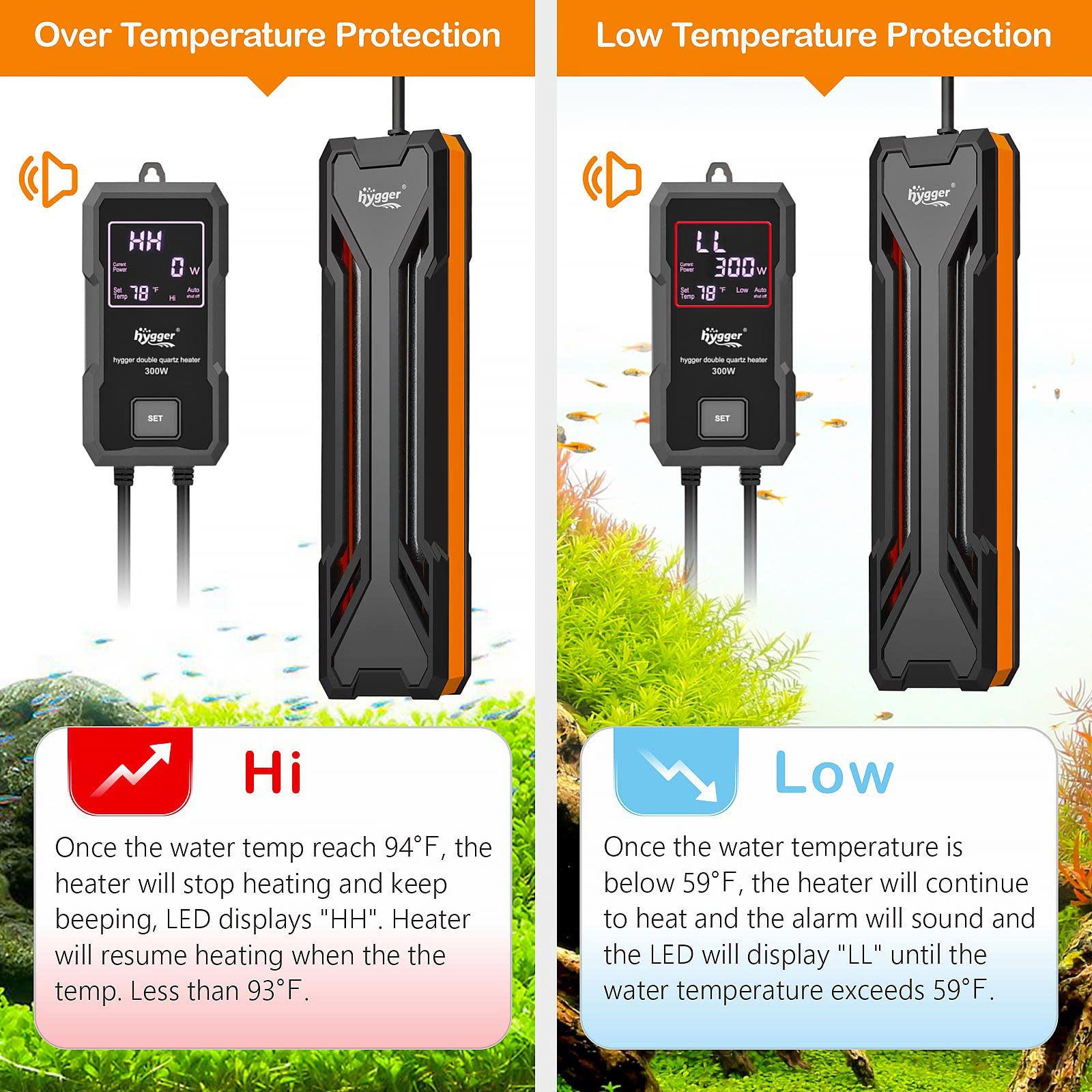 Calentador Hygger de 800W para acuario grande con calentamiento rápido