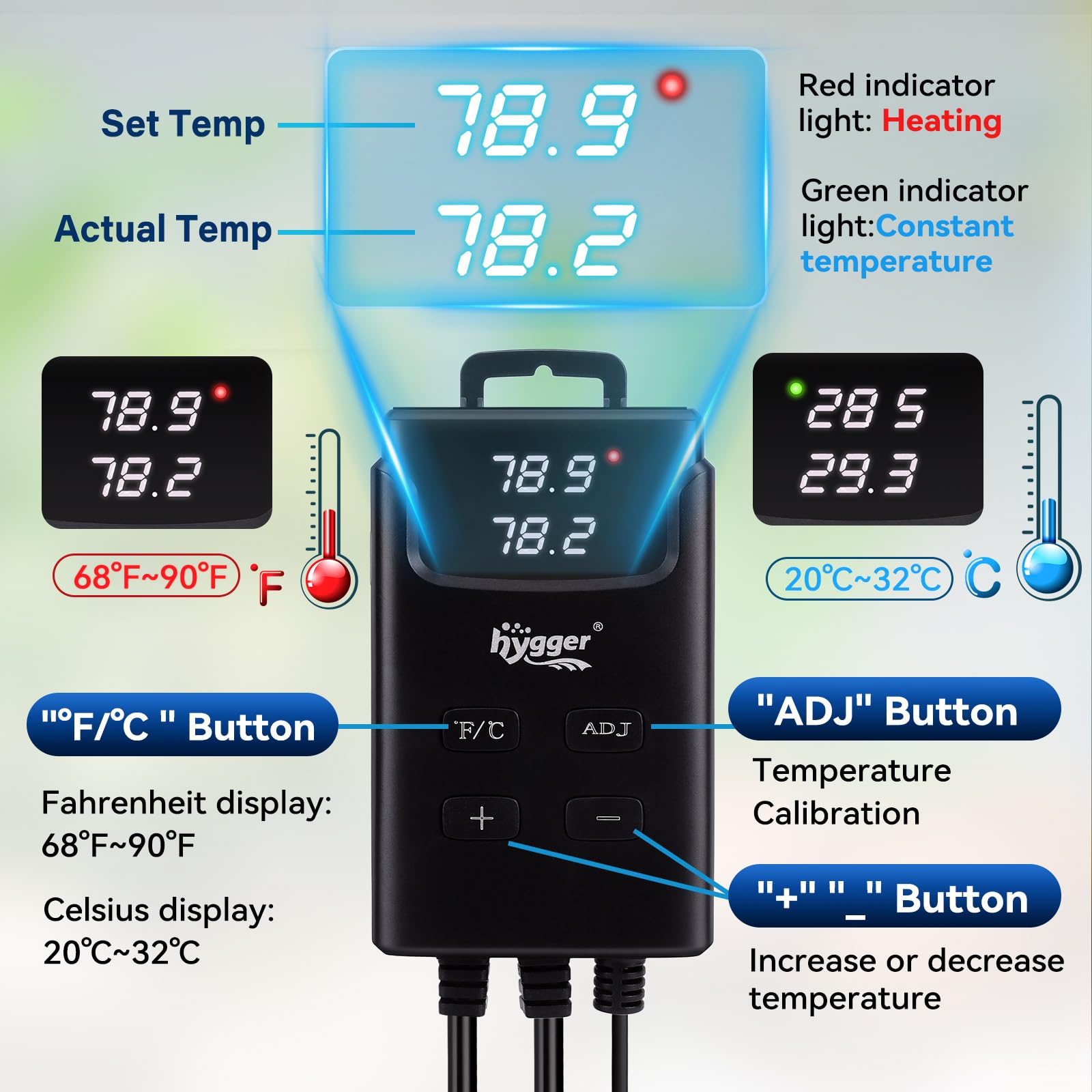 Botón ADJ de hygger para calibración manual de temperatura.