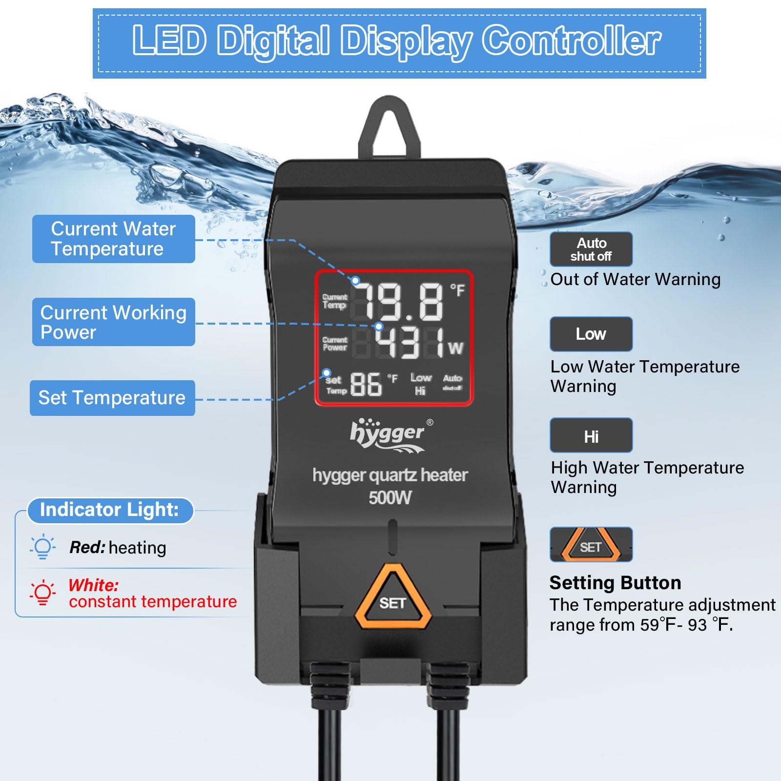 hygger ajuste de temperatura 59-93°F para acuario, control preciso