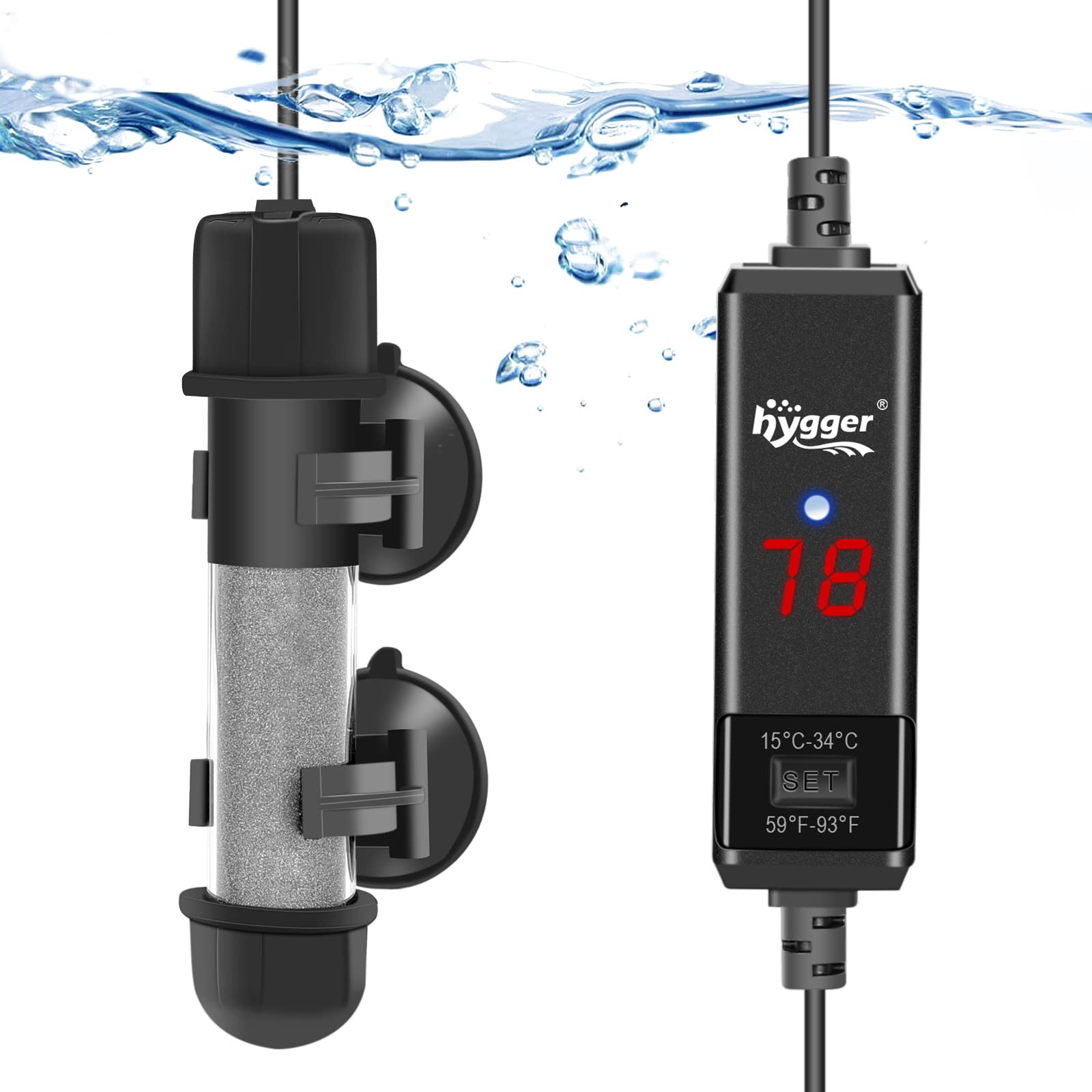 Calentador hygger para acuario con pantalla LED para lectura rápida de temperatura.