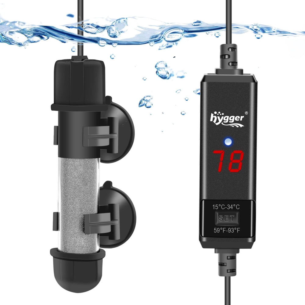 Calentador hygger para acuario con pantalla LED para lectura rápida de temperatura.