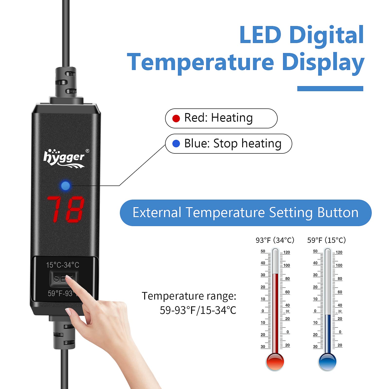 Calentador hygger de 25W para acuario betta, diseño compacto y discreto.