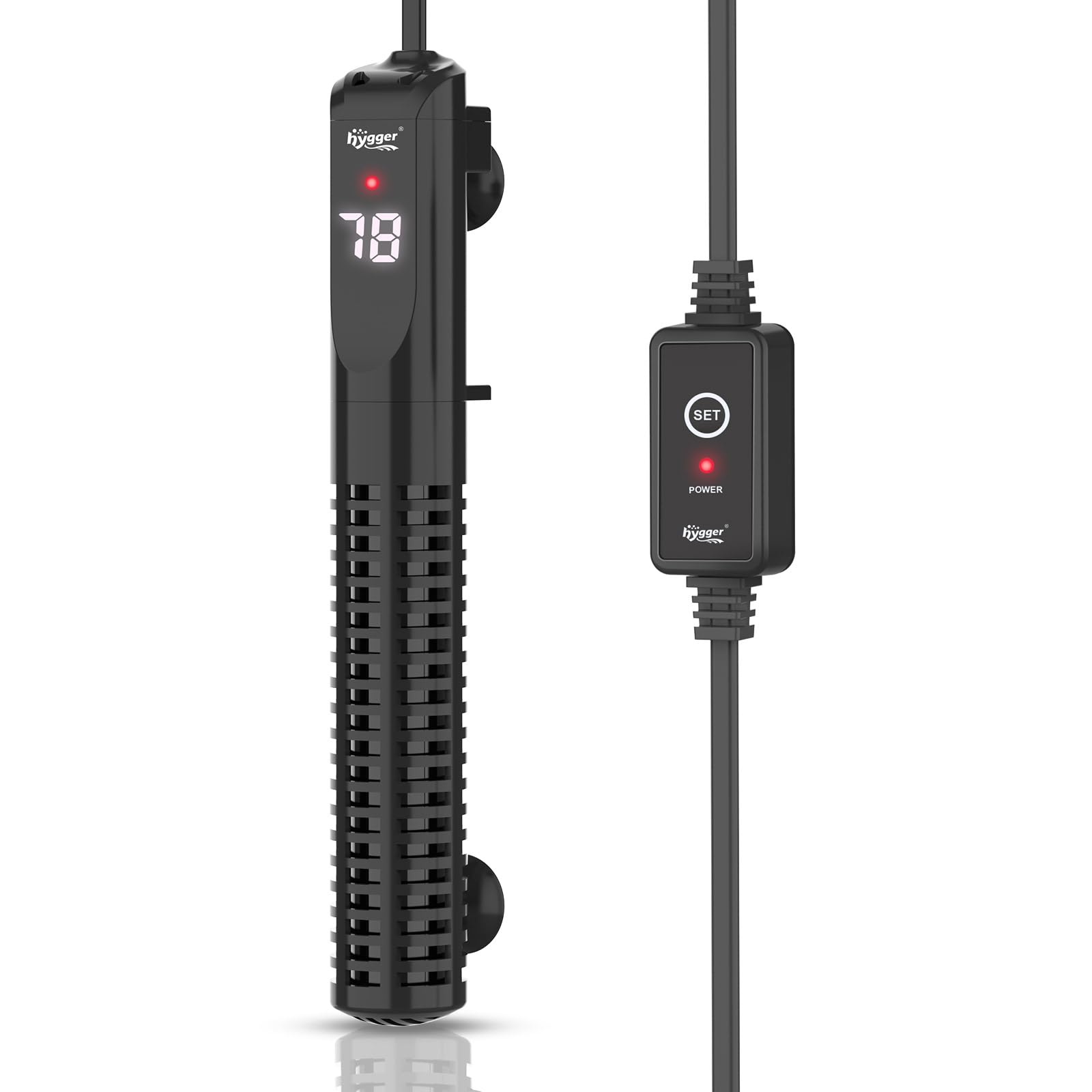Calentador cerámico hygger instalado externamente con control de temperatura para acuario.
