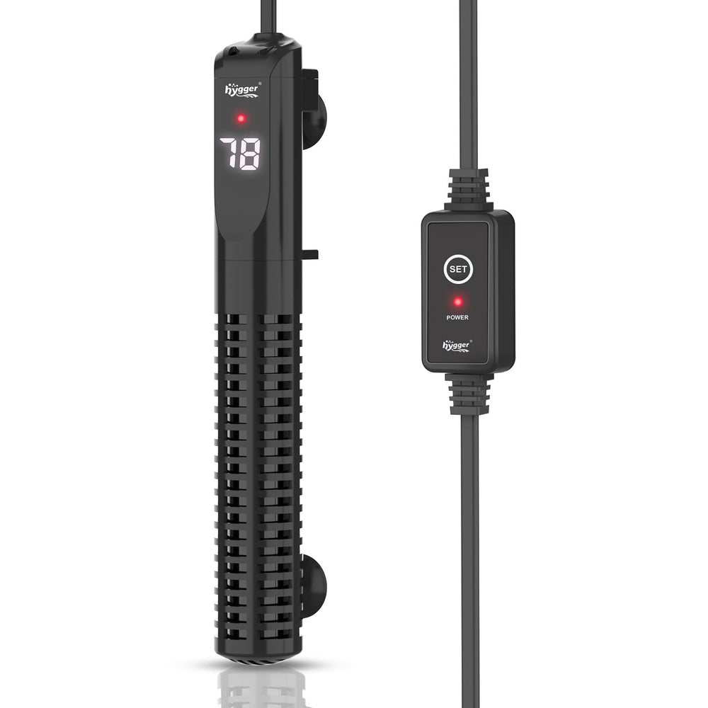 Calentador cerámico hygger instalado externamente con control de temperatura para acuario.
