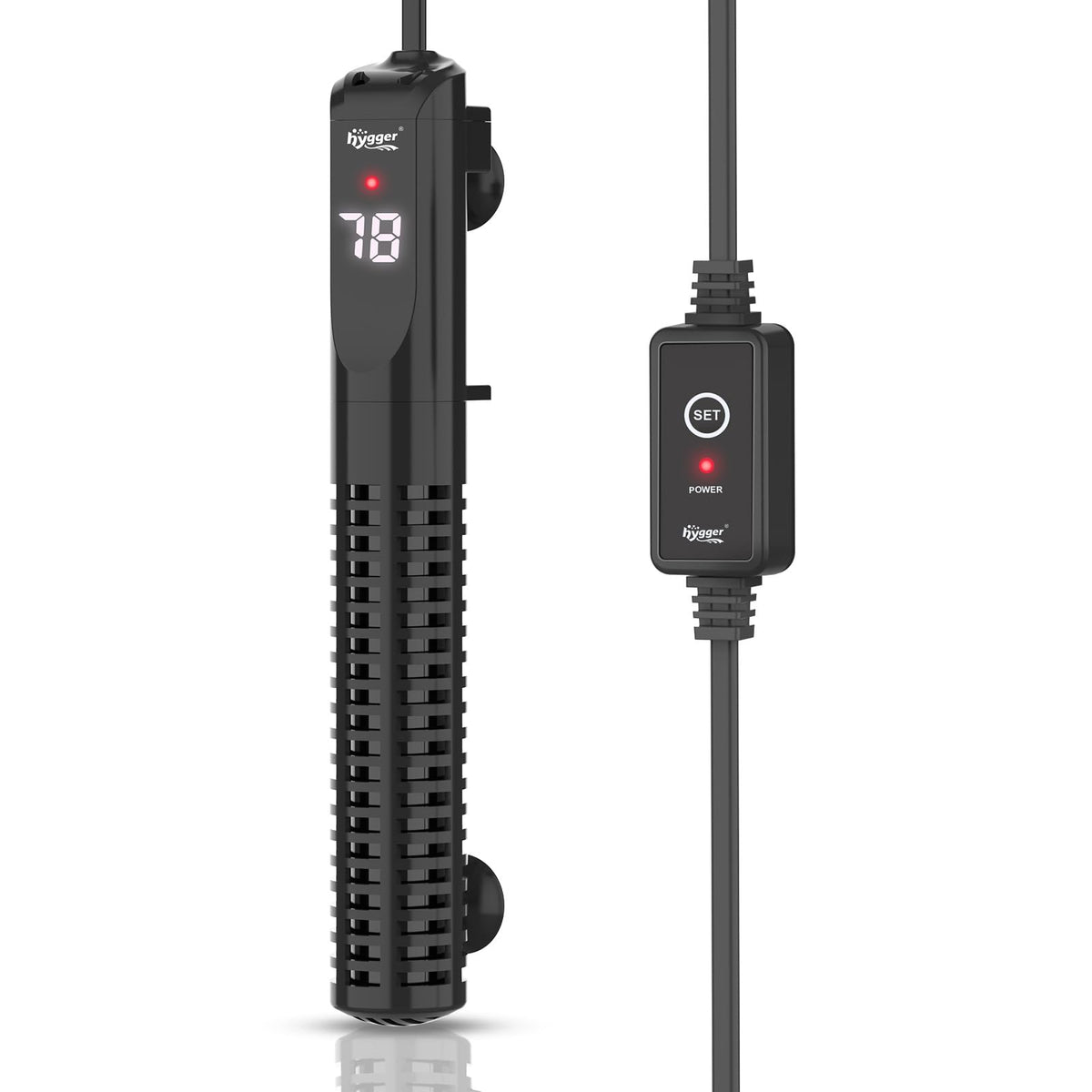 Calentador cerámico hygger instalado externamente con control de temperatura para acuario.