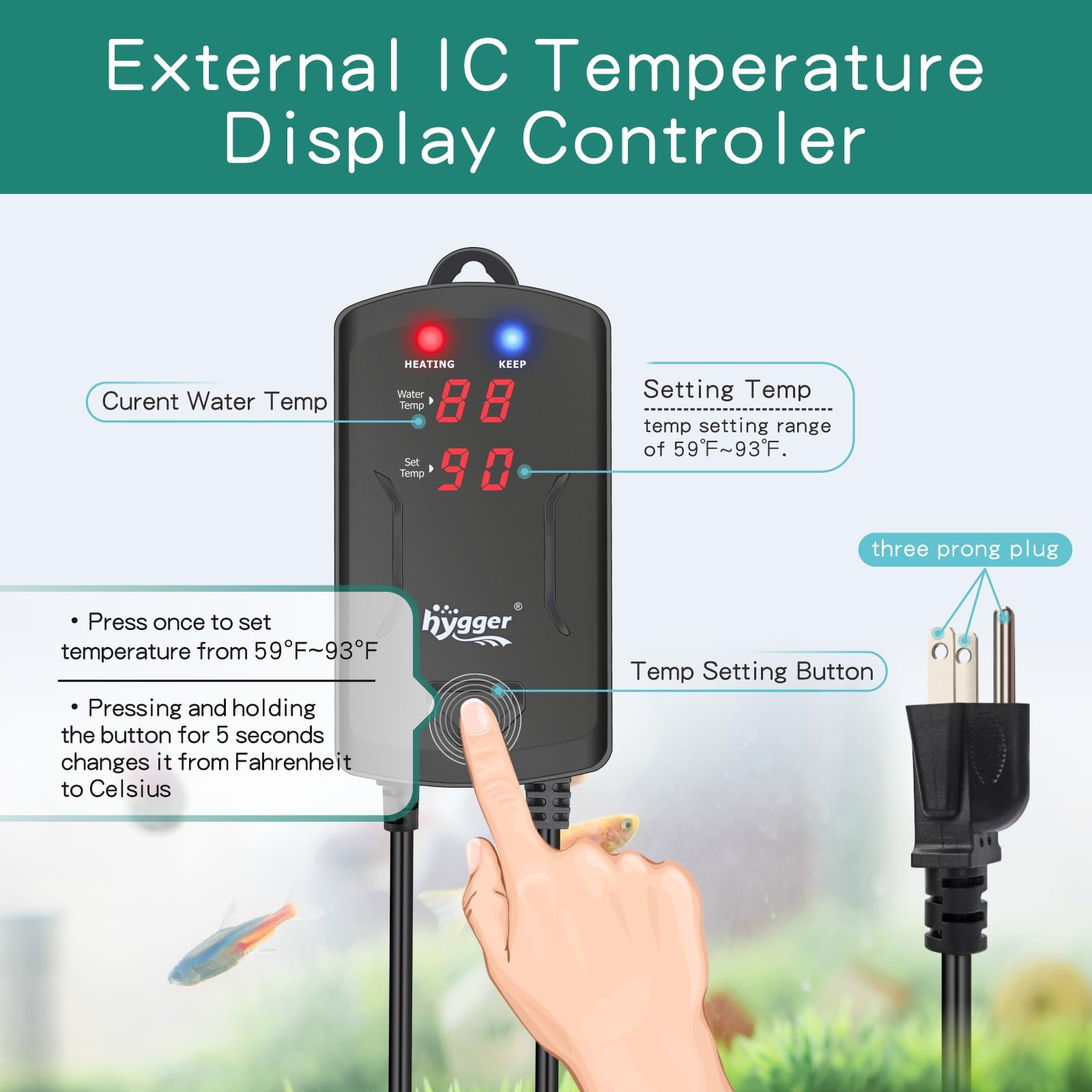 Control externo de hygger con display LED facilita ajustar la temperatura.