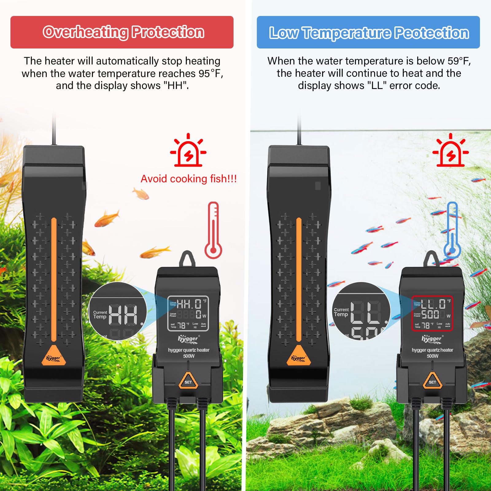 hygger protecciones inteligentes: alarma de fuera de agua y sobrecalentamiento