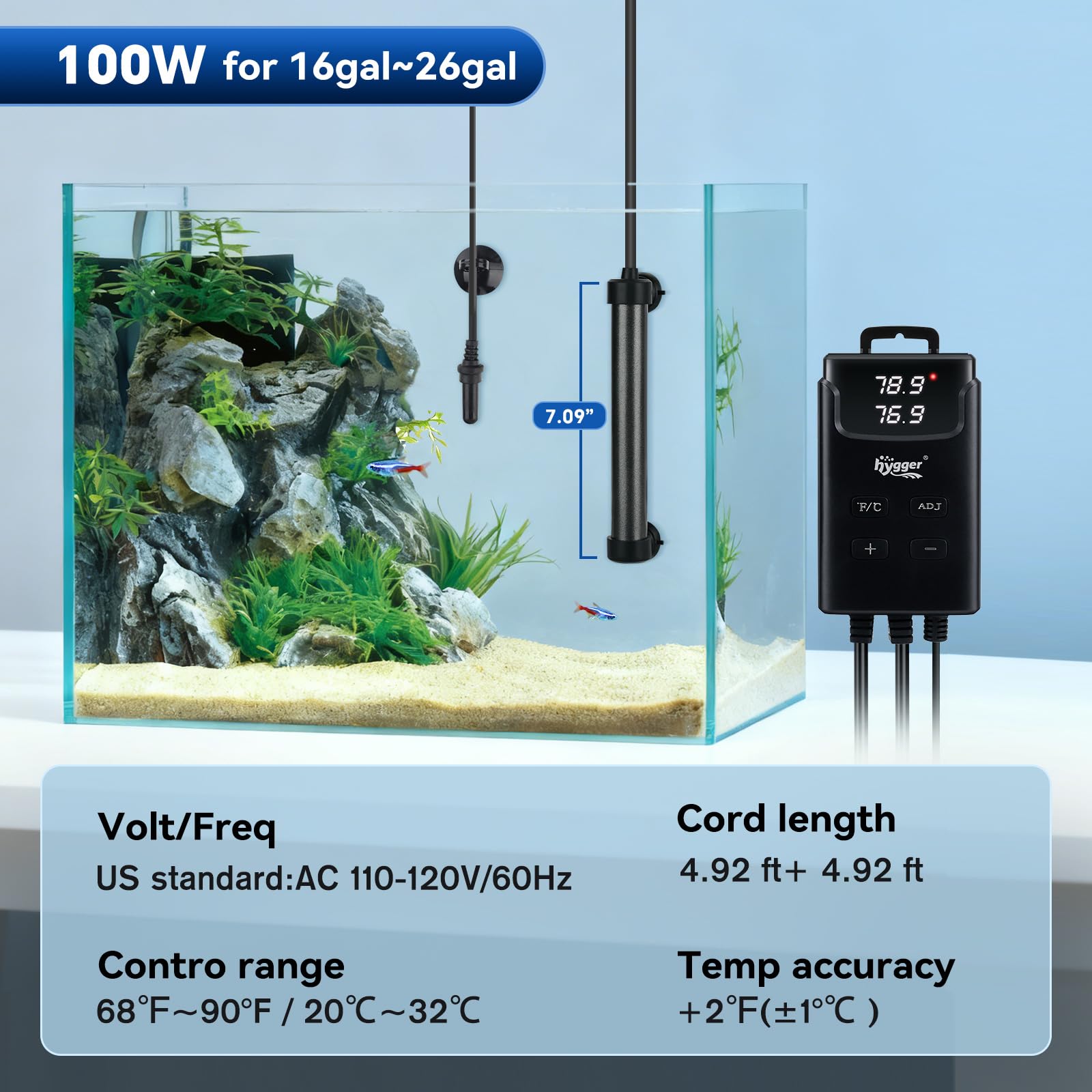 Rango de potencia hygger 100W para acuarios de 16 a 26 galones, rendimiento estable.