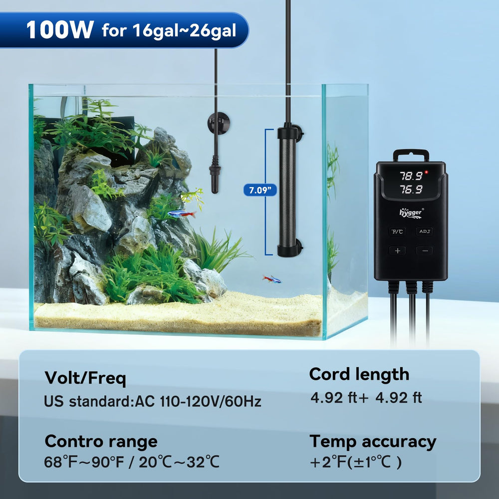 Rango de potencia hygger 100W para acuarios de 16 a 26 galones, rendimiento estable.