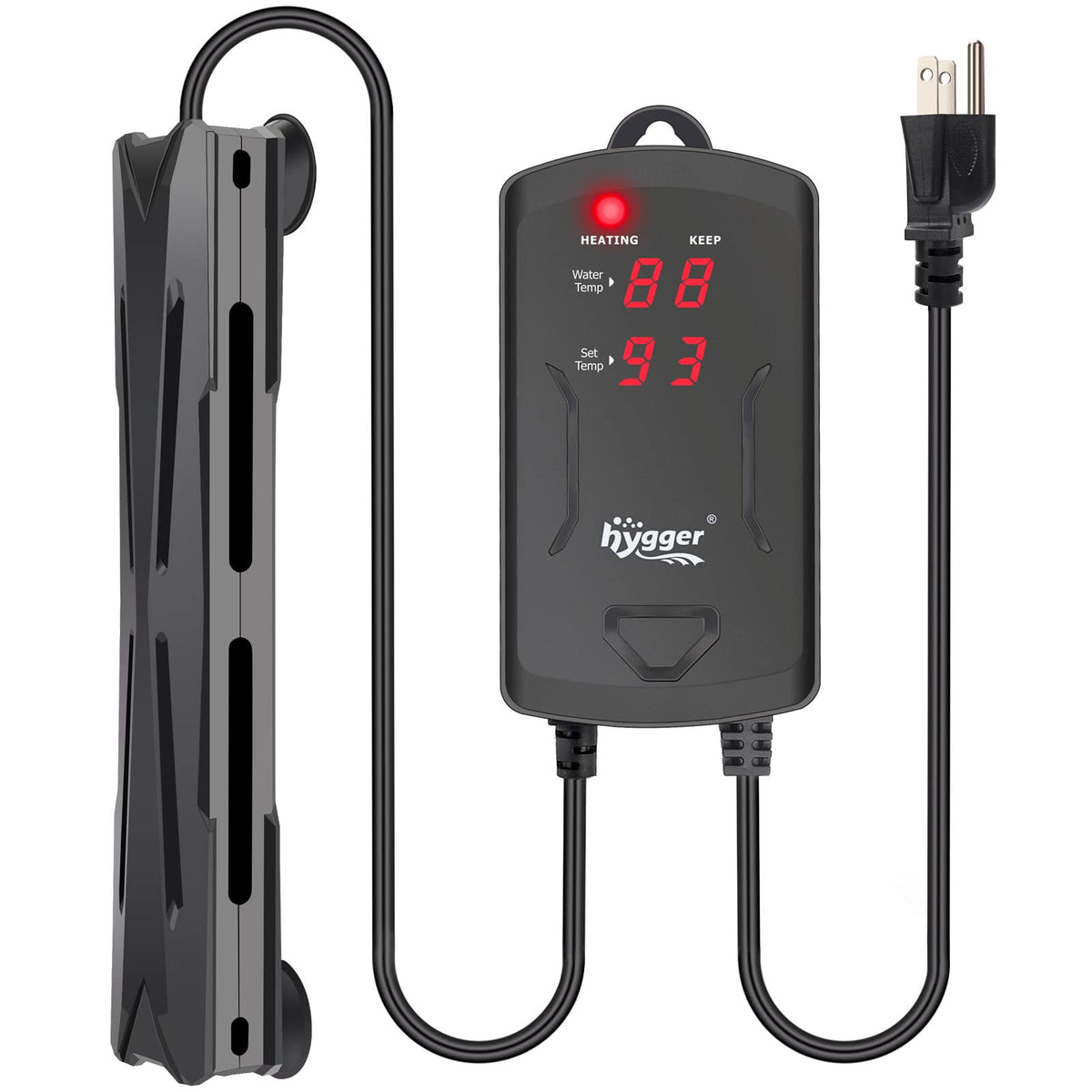 Calentador hygger sumergible en tanque con display LED para monitoreo fácil.
