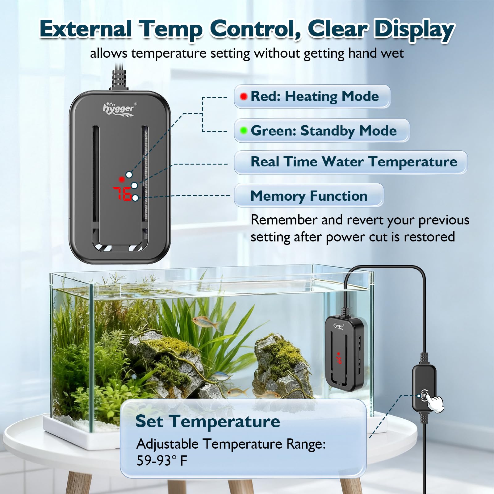 Hygger calentador con termómetro externo para ajuste fino de temperatura