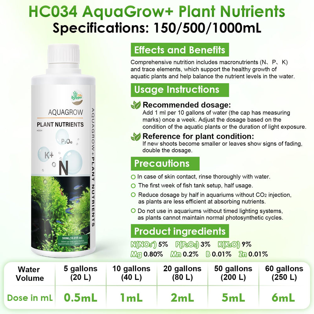 Hygger CO2 HC034: nutrientes macros sostienen crecimiento de raíces y hojas.