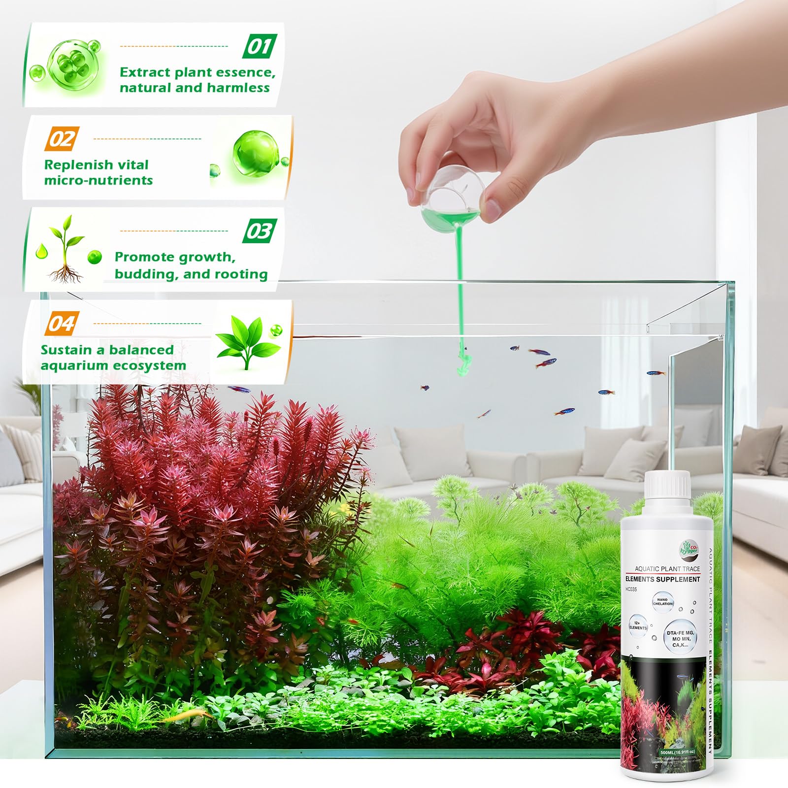 Hygger CO2 HC035 estructura celular fortalecida para plantas más resistentes.